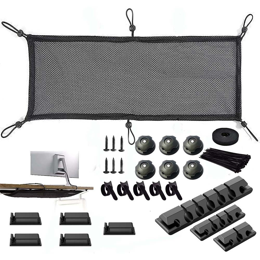 Meshcoil – Black mesh cable net with screws, mounting knobs, cable clip strips, adhesive clips and zip ties laid out