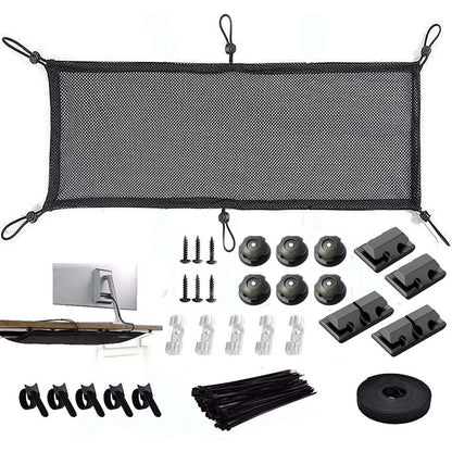 Meshcoil – Black mesh cable net kit with mounting knobs, clear hooks, adhesive clips, zip ties and a roll of hook-and-loop