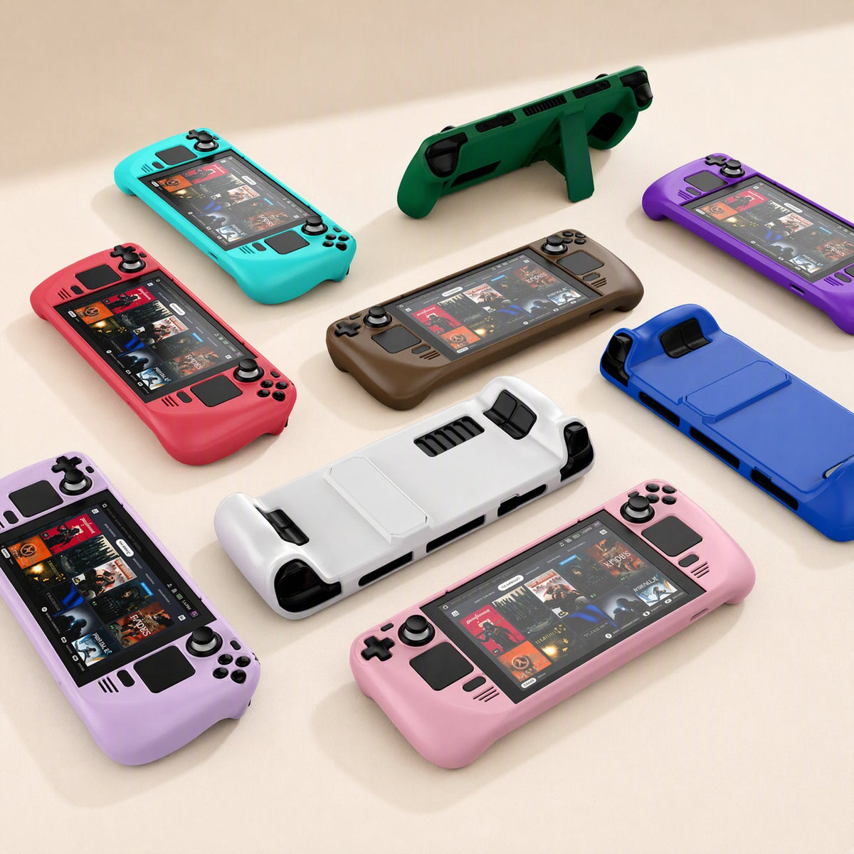 Deckshield Steam Deck case in eight colours, shown on handhelds and bare backs on a cream surface