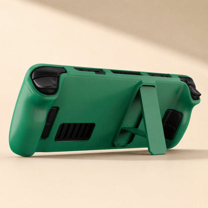 Deckshield Steam Deck Case – green case seen from the back, with the fold-out kickstand propped open and a black vent cutout