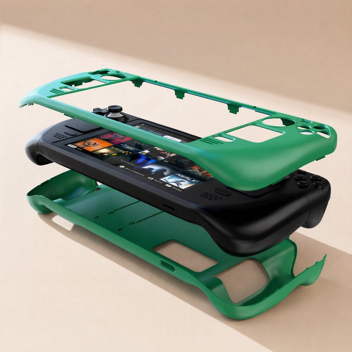 Deckshield Steam Deck Case – two-piece green case split apart above and below a black Steam Deck showing the game library