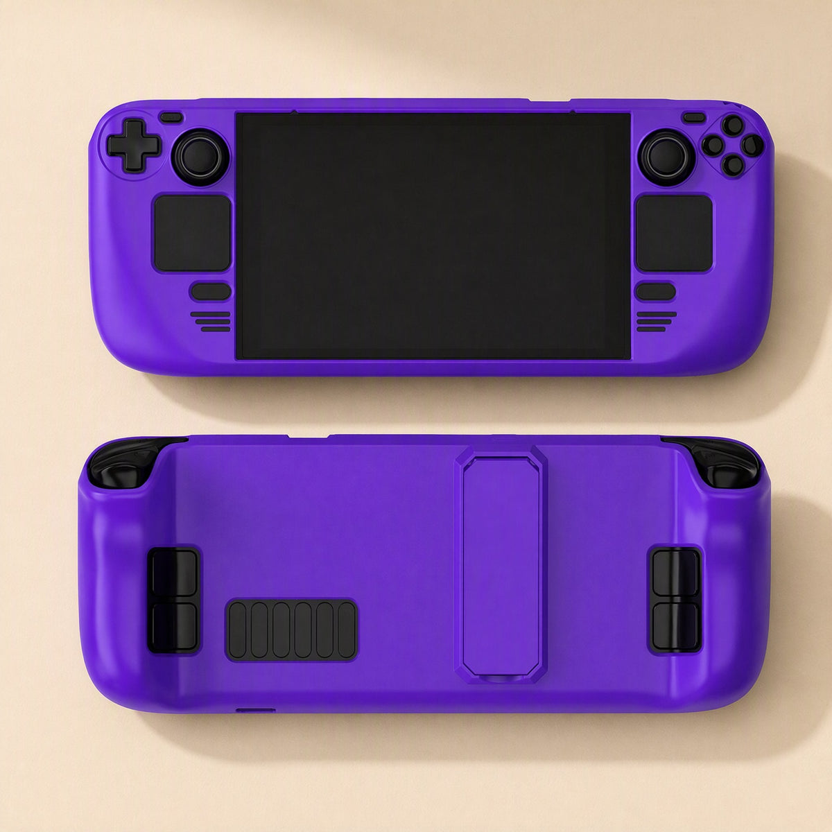 Deckshield – Purple case shown from the front and back, with the kickstand panel and black button cutouts visible