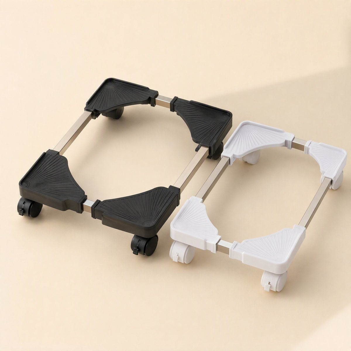Rollstand Computer Tower Stand in black and white side by side, each with four wheels and an adjustable frame