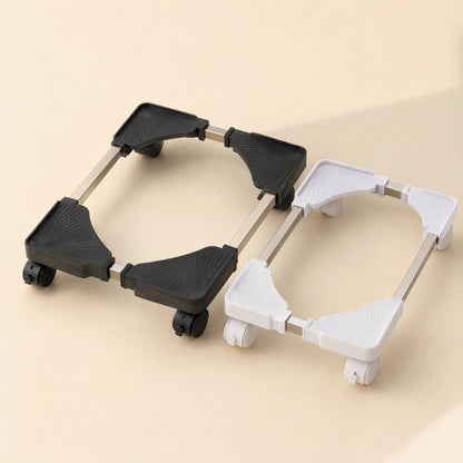 Rollstand Computer Tower Stand in black and white side by side, each with four wheels and an adjustable frame