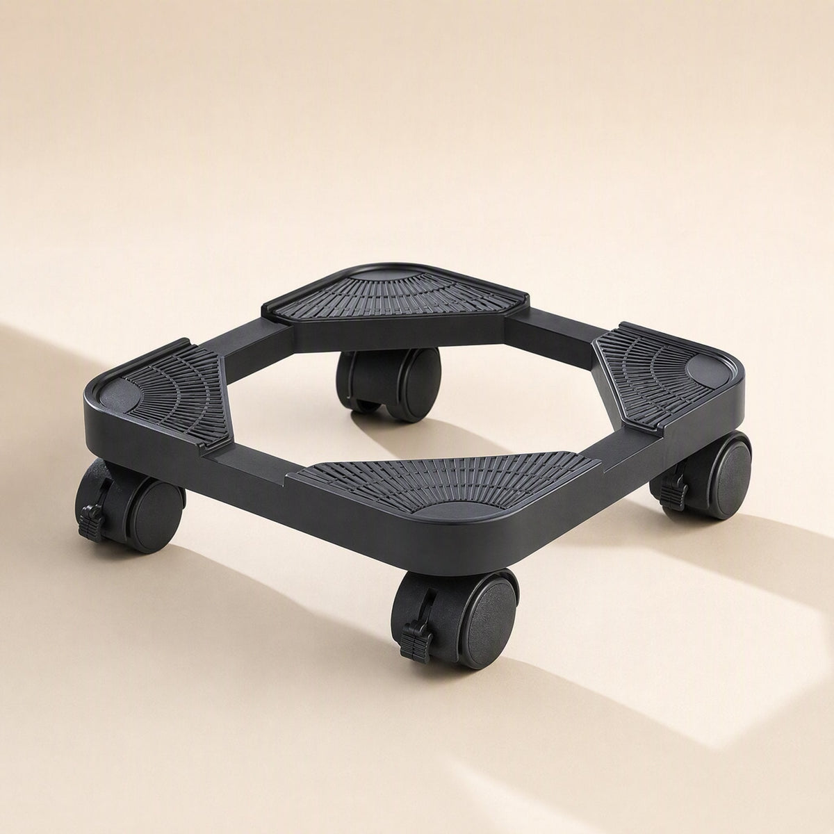 Rollstand – Black plastic tower stand with four locking wheels and ribbed corner pads, seen from a front angle