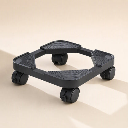 Rollstand – Black plastic tower stand with four locking wheels and ribbed corner pads, seen from a front angle