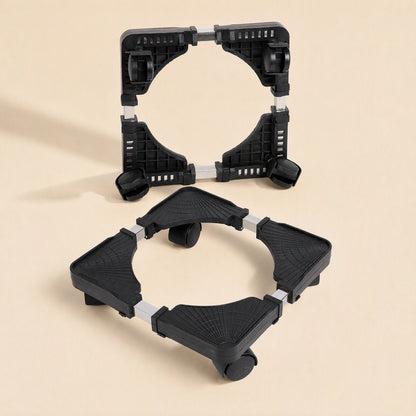 Rollstand – Two black stands seen from above and below, showing the ribbed top pads and the underside with wheels