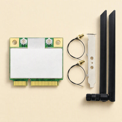 Linkchip – Mini PCIe card with two pigtail cables, low-profile bracket and two black external antennas laid out flat