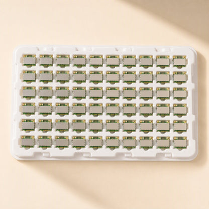 Linkchip – White tray holding sixty Mini PCIe wireless cards in six rows of ten, seen from above