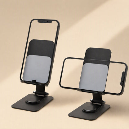 Tiltledge – Two stands side by side holding a phone in portrait and landscape orientation on a warm beige background
