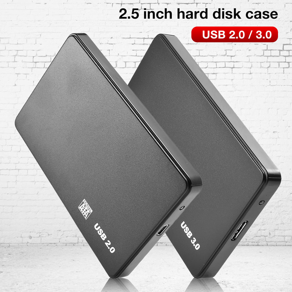 Caddock 2.5-Inch ABS SATA Hard Drive Box, two black USB 2.0 and USB 3.0 enclosures against a white brick wall