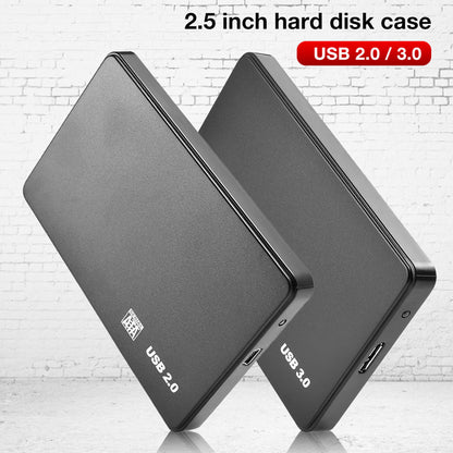 Caddock 2.5-Inch ABS SATA Hard Drive Box, two black USB 2.0 and USB 3.0 enclosures against a white brick wall