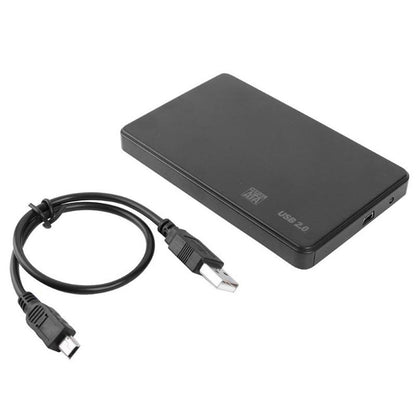 Caddock – Black hard drive enclosure with a USB 2.0 label beside its coiled USB-A to mini USB cable