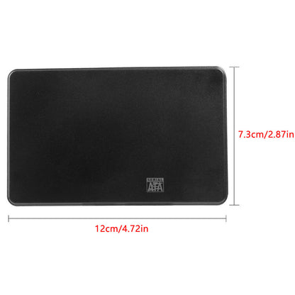 Caddock – Top view of the black matte enclosure lid with SATA logo and size labels of 12cm by 7.3cm
