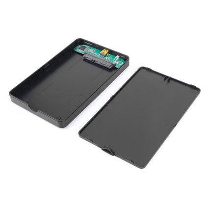 Caddock – Open black enclosure showing the green circuit board and SATA connector, with the separate lid beside it