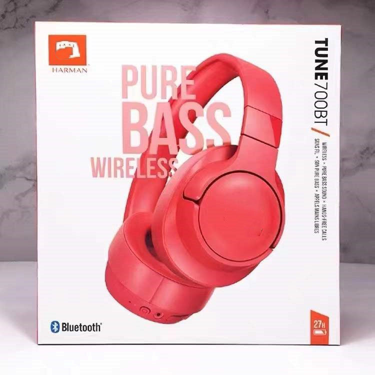 Voxhelm Wireless Bluetooth Headset in red, shown inside its retail box with Pure Bass Wireless text
