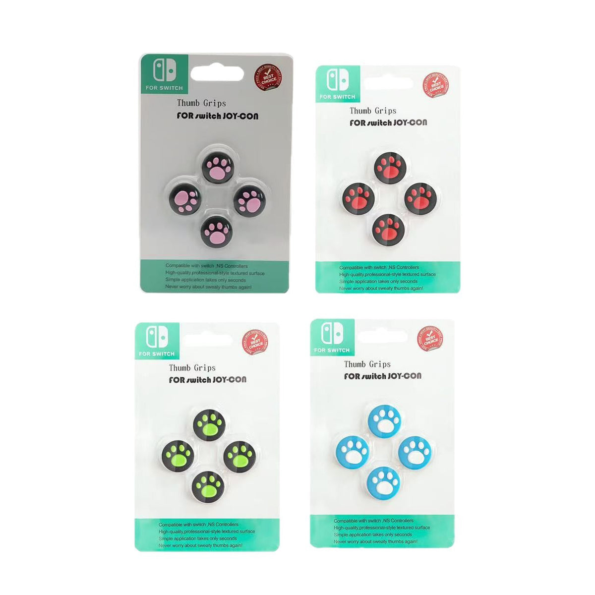 Clawclick – Four blister packs of paw print thumb grips in black-pink, black-red, black-green and blue-white