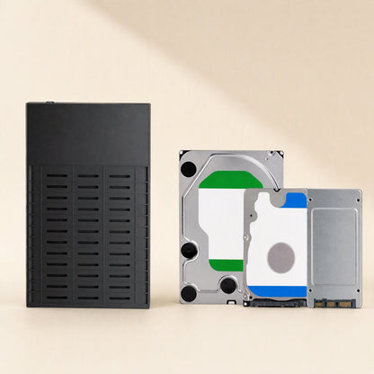 Satavault – Black enclosure with slotted ventilation side beside a 3.5-inch hard drive and a 2.5-inch drive