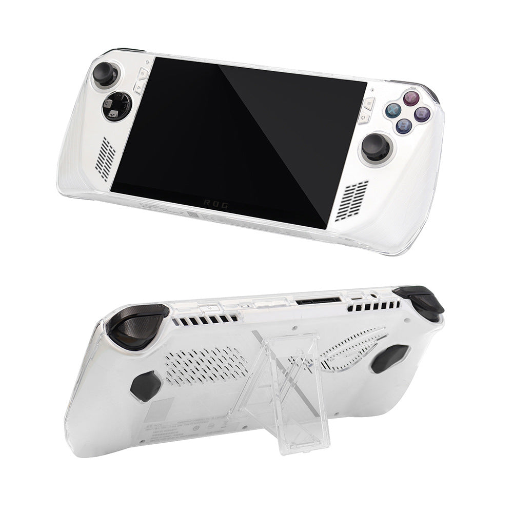 Cryscase clear PC shell case on a white handheld console, front view above and back with kickstand below