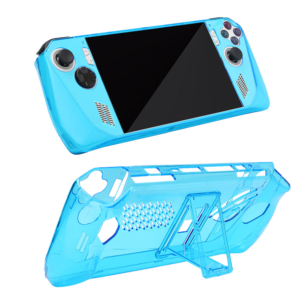 Cryscase – Blue translucent case fitted on a handheld console, front view above and rear with kickstand below