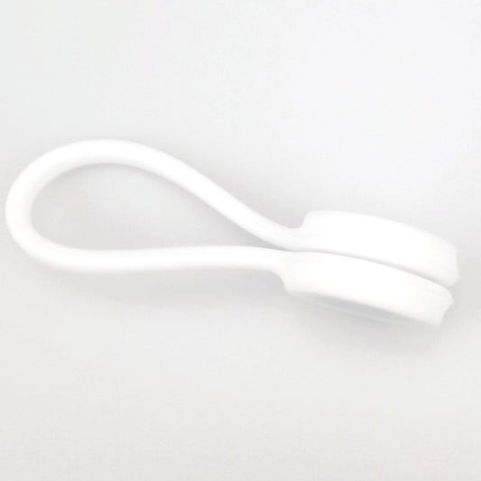 Magnetide – White silicone magnetic cable winder with its two magnetic discs snapped together, side view