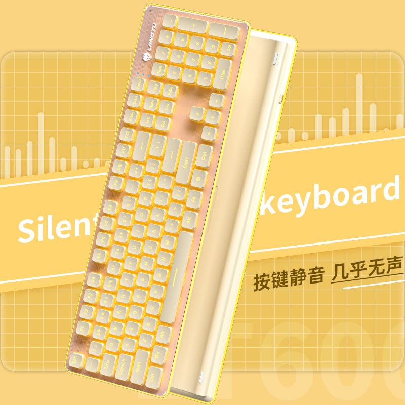 Clacknest – Cream and yellow backlit keyboard with a wrist rest, angled view with silent keyboard banner
