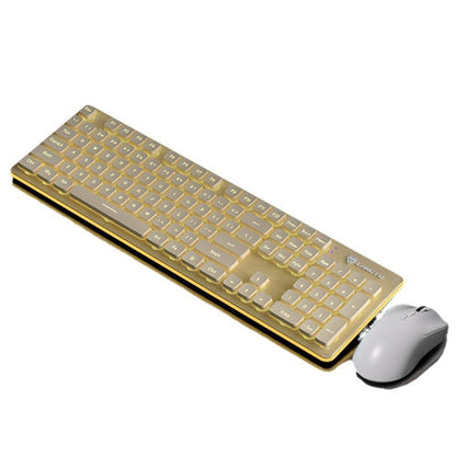 Clacknest – Gold and cream keyboard with white wireless mouse, angled top-down view on white background