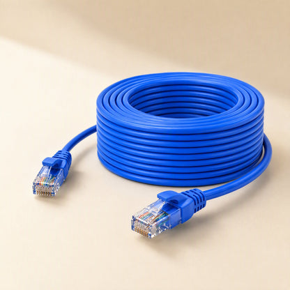 Wirebridge Cat6 Network Cable in blue, coiled with both RJ-45 connectors resting in front on a cream background