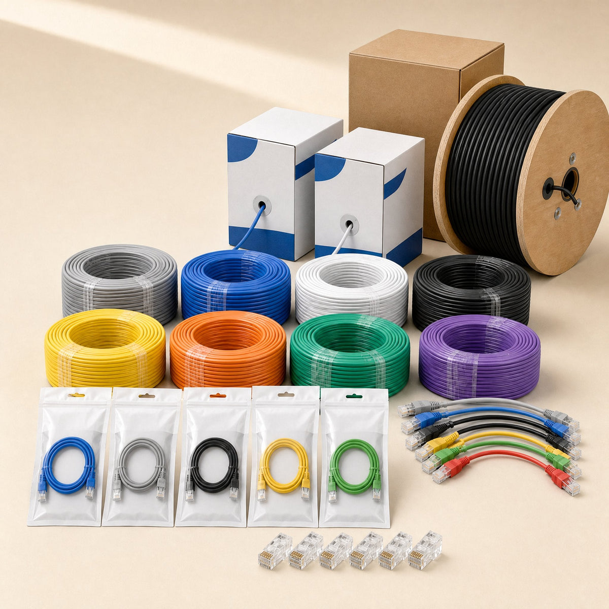 Wirebridge Cat6 cable sold in assorted colors: coils, boxes, a spool, patch cords and loose RJ-45 plugs