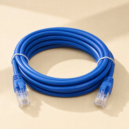 Wirebridge Cat6 Network Cable – blue Cat6 cable in a compact coil with two white ties and clear RJ-45 plugs at both ends