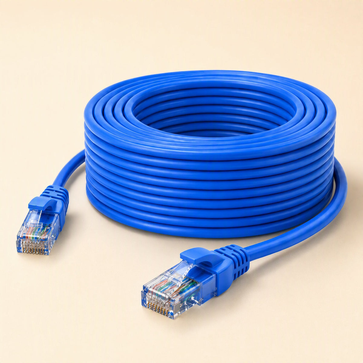 Wirebridge Cat6 Network Cable – large blue Cat6 cable coil standing on its edge, with two RJ-45 connectors in the foreground