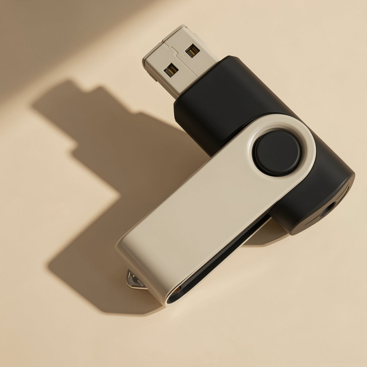 Turnbyte Metal Rotating USB Flash Drive in black with a silver swivel cover, closed, casting a shadow on beige