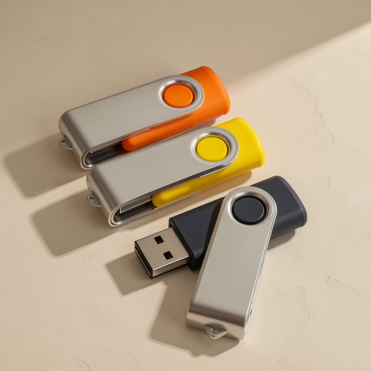 Turnbyte – Orange, yellow and black swivel USB drives with metal covers; the black one has its USB connector exposed