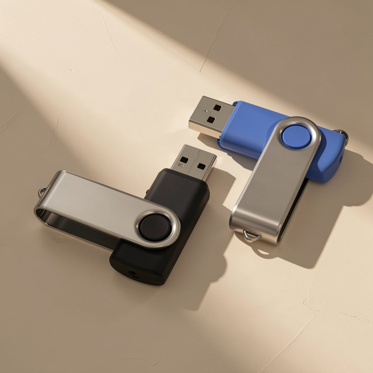 Turnbyte – Black and blue rotating USB drives with silver covers, one connector extended, on a sunlit beige surface