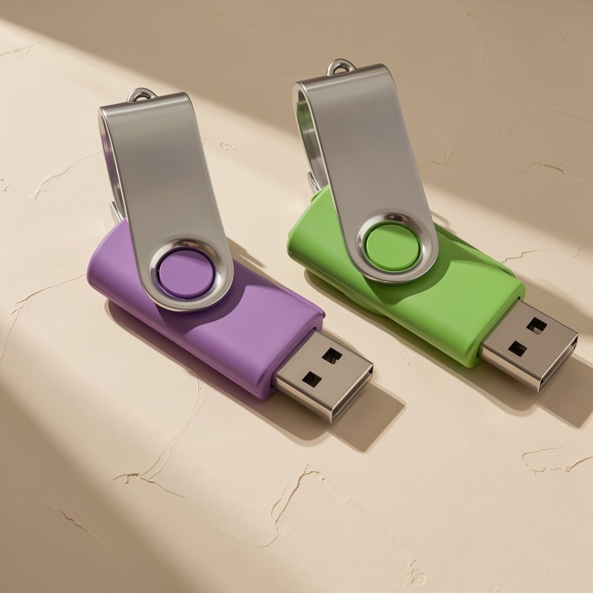 Turnbyte – Purple and green swivel USB drives with silver covers opened upright, USB connectors pointing forward