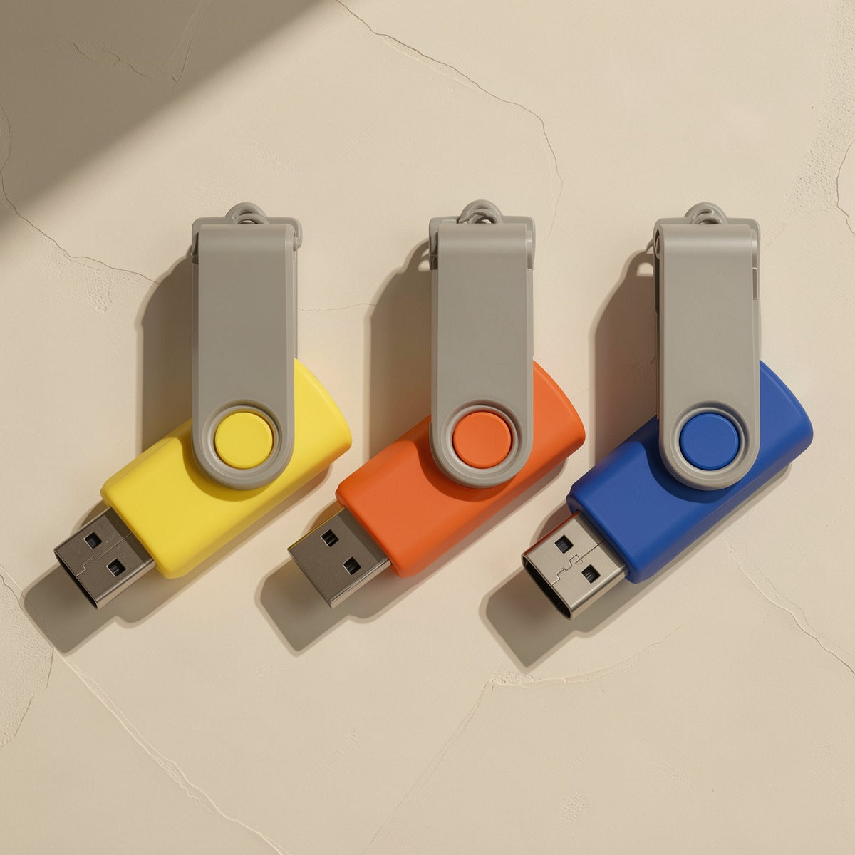 Turnbyte – Row of yellow, orange and blue USB drives with grey swivel covers and connectors extended, seen from above