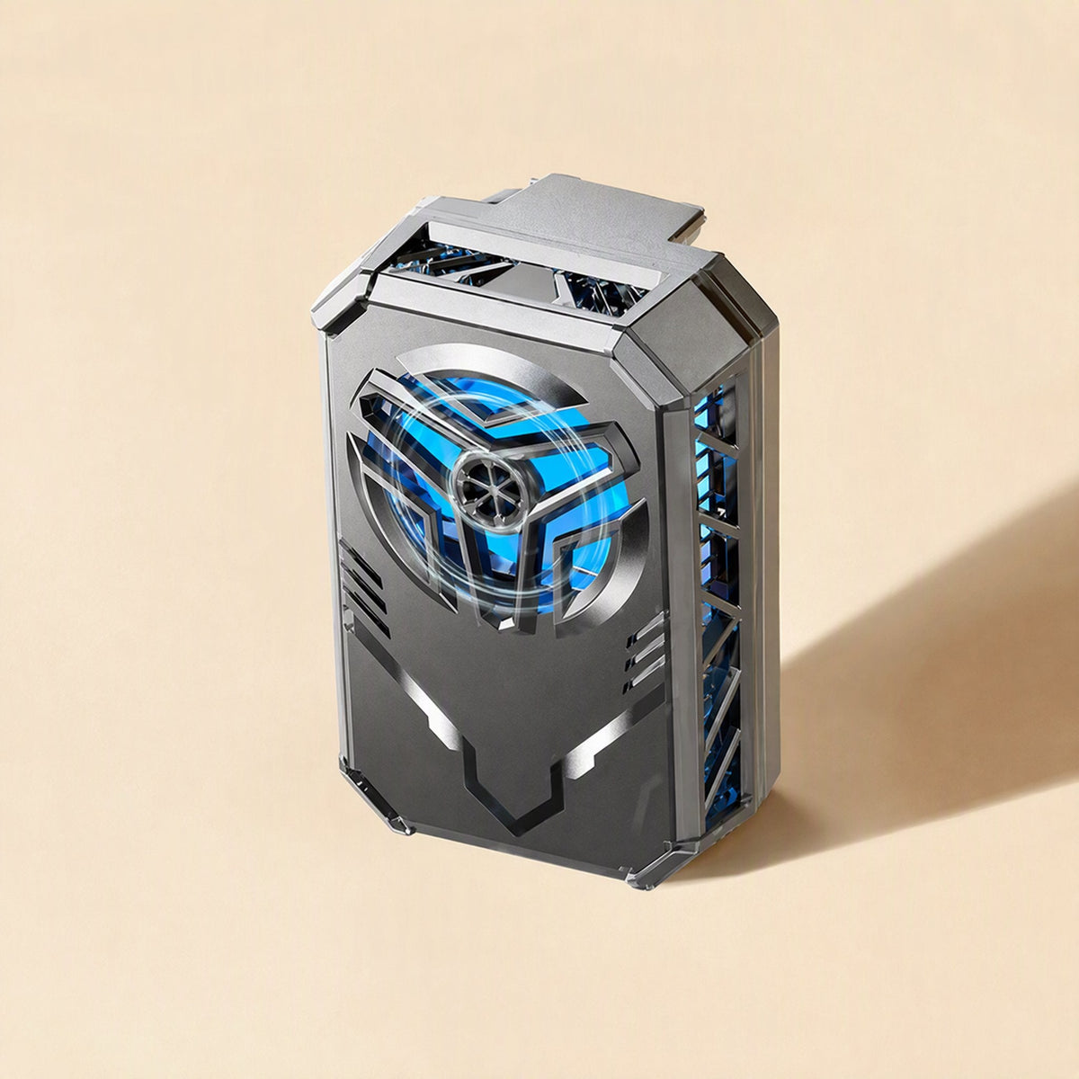 Chillcell 10W Phone Radiator in silver with a blue glowing fan, shown at an angle on a cream background