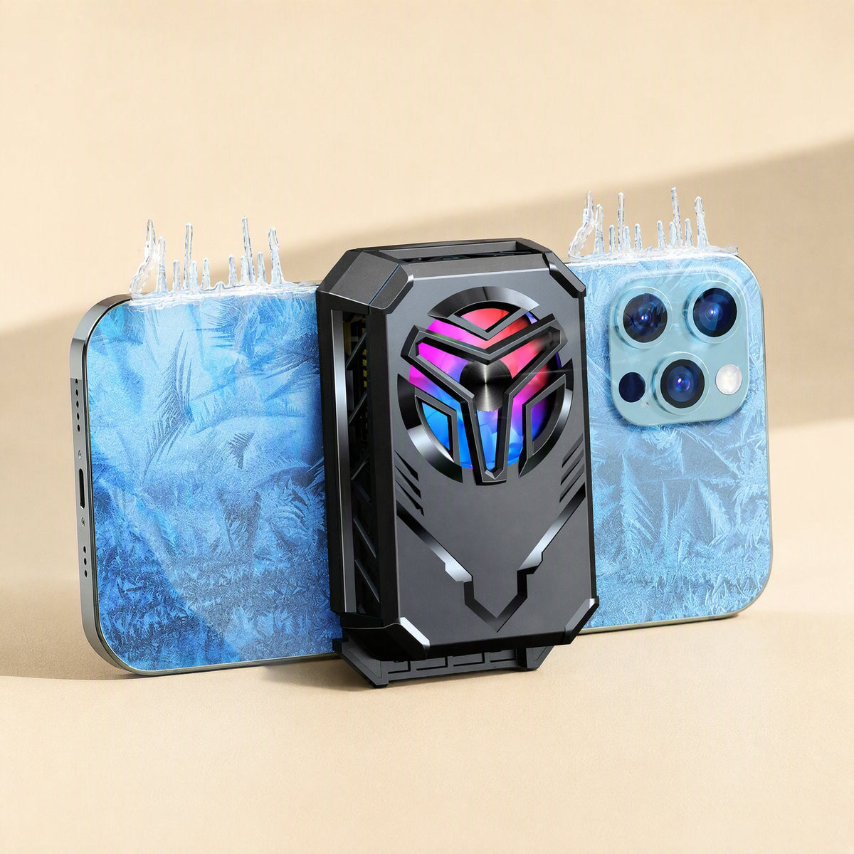 Chillcell – Black clip-on cooler with rainbow fan attached to the back of a blue frosted-looking smartphone