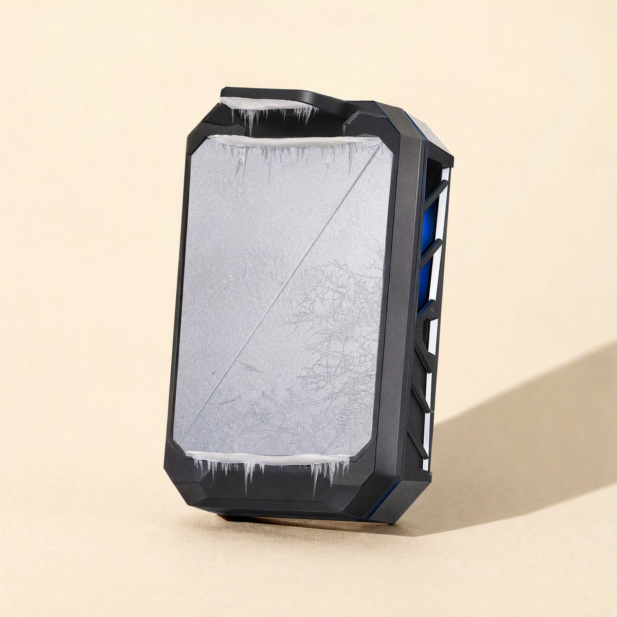 Chillcell – Back of the black cooler with a frosted metal cooling plate and icicles along its edges