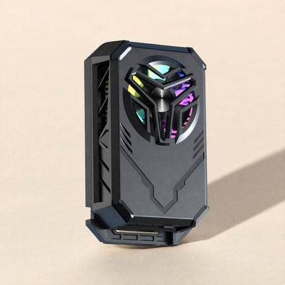 Chillcell – Black phone radiator with a multicolour fan, side vents and back clip on a cream background