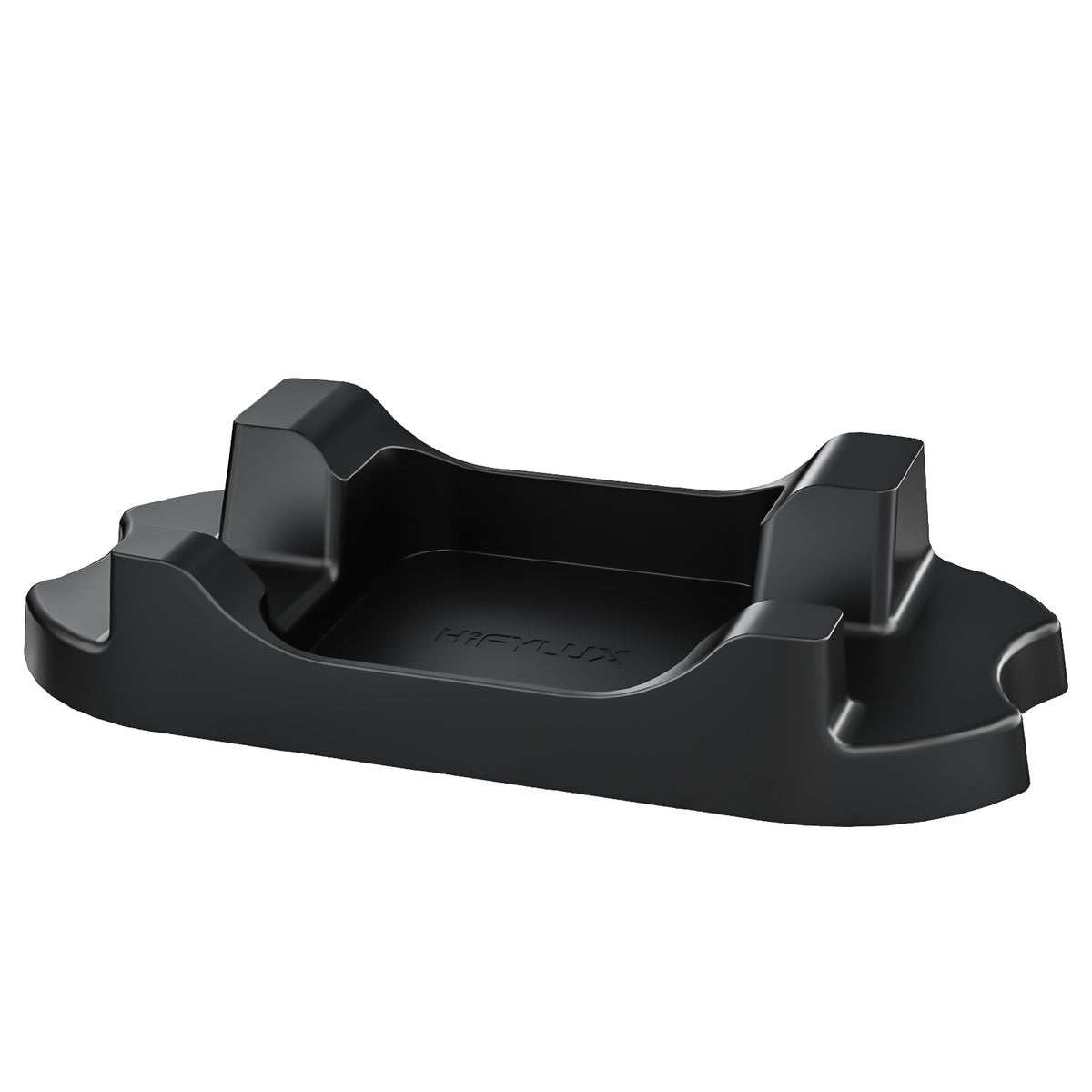 Draxbase – Empty black plastic game console stand seen from a front three-quarter angle, with a recess for the handheld