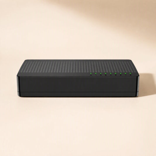 Eightlink Ethernet Network Switch – black 8-port switch seen from the side, textured top with a row of green indicator lights