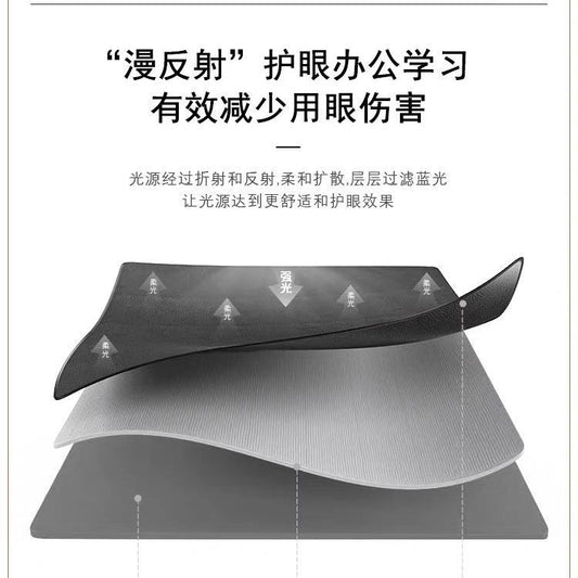 Hideloom – Layered cutaway of the desk pad showing its black leather top, grey middle and base layers, with Chinese text