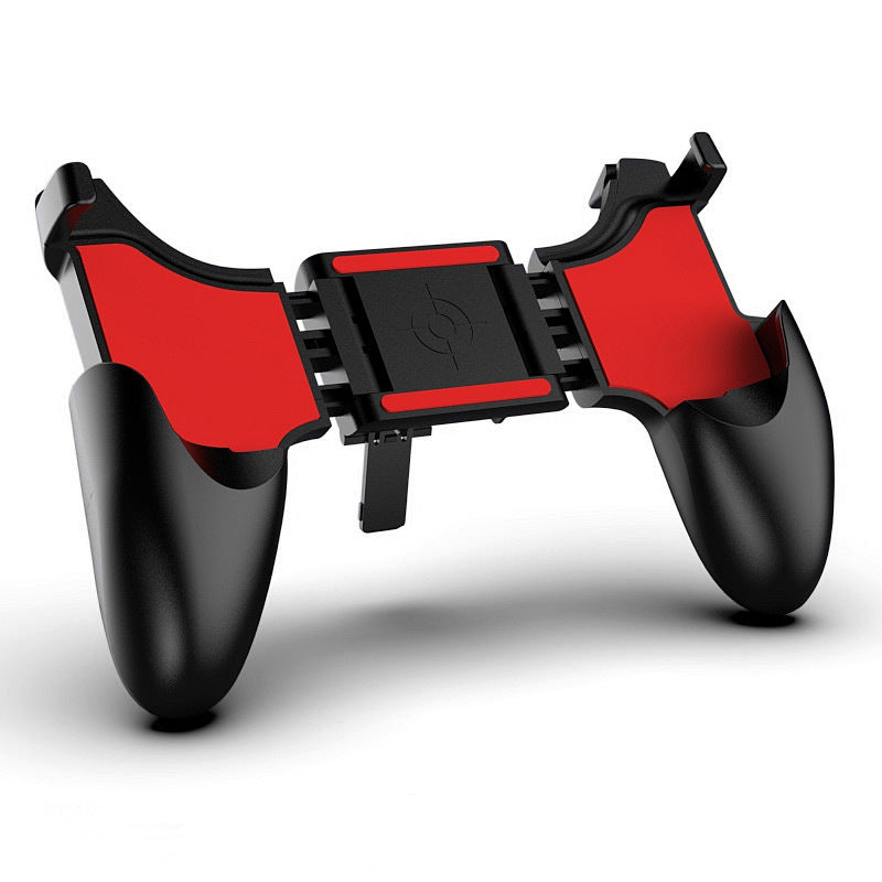 Tugrip Retractable Wireless Mobile Game Controller Grip in black and red, angled view with kickstand extended