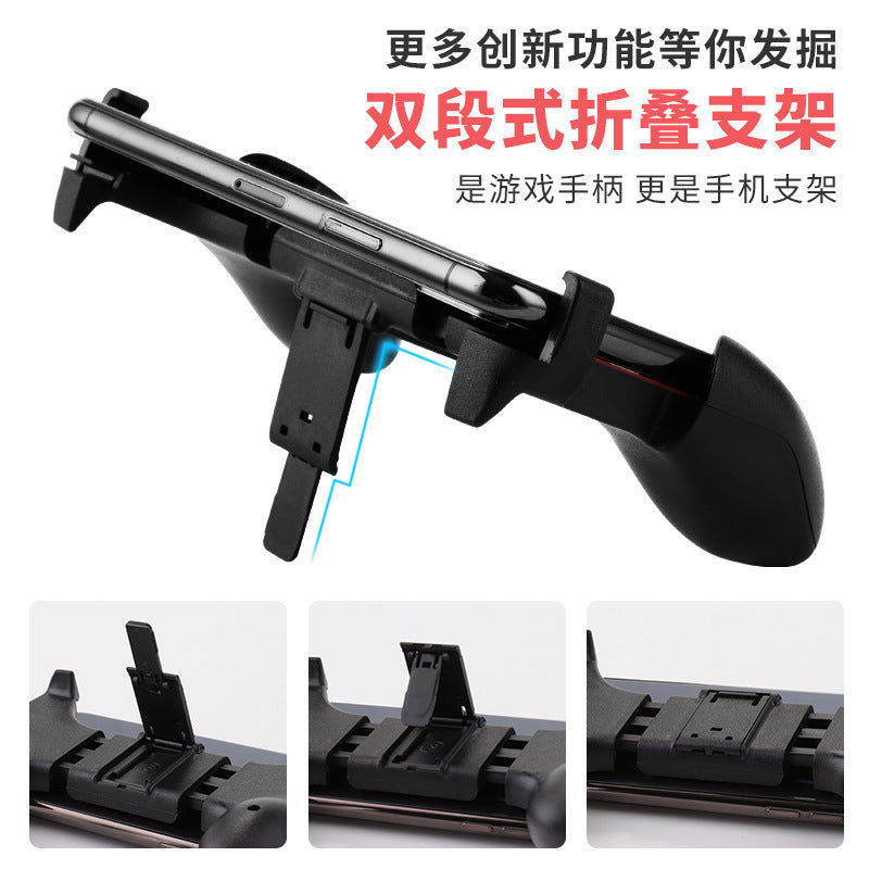 Tugrip – Game grip holding a phone on its side, with the two-section folding kickstand shown in three small close-ups