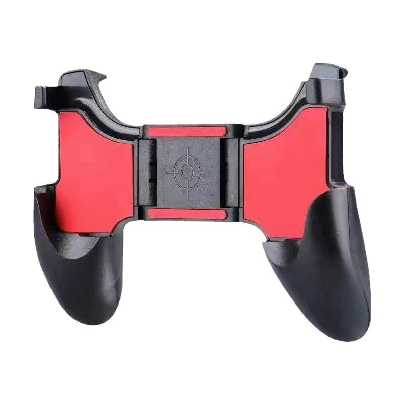 Tugrip – Front view of the black and red mobile game controller grip with crosshair-marked center clamp on white