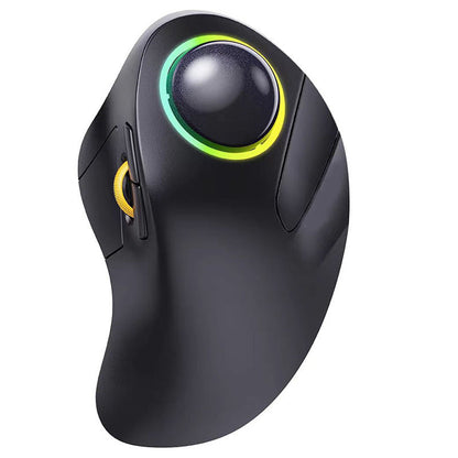 Rollbright – Top-down view of the black trackball mouse showing the lit ring, trackball, side buttons and yellow scroll wheel