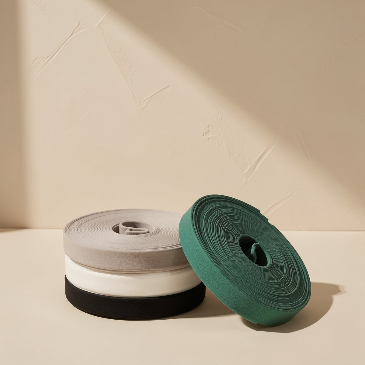 Wrapcord hook-and-loop cable organizer tie rolls in gray, white, black and green stacked on a cream surface
