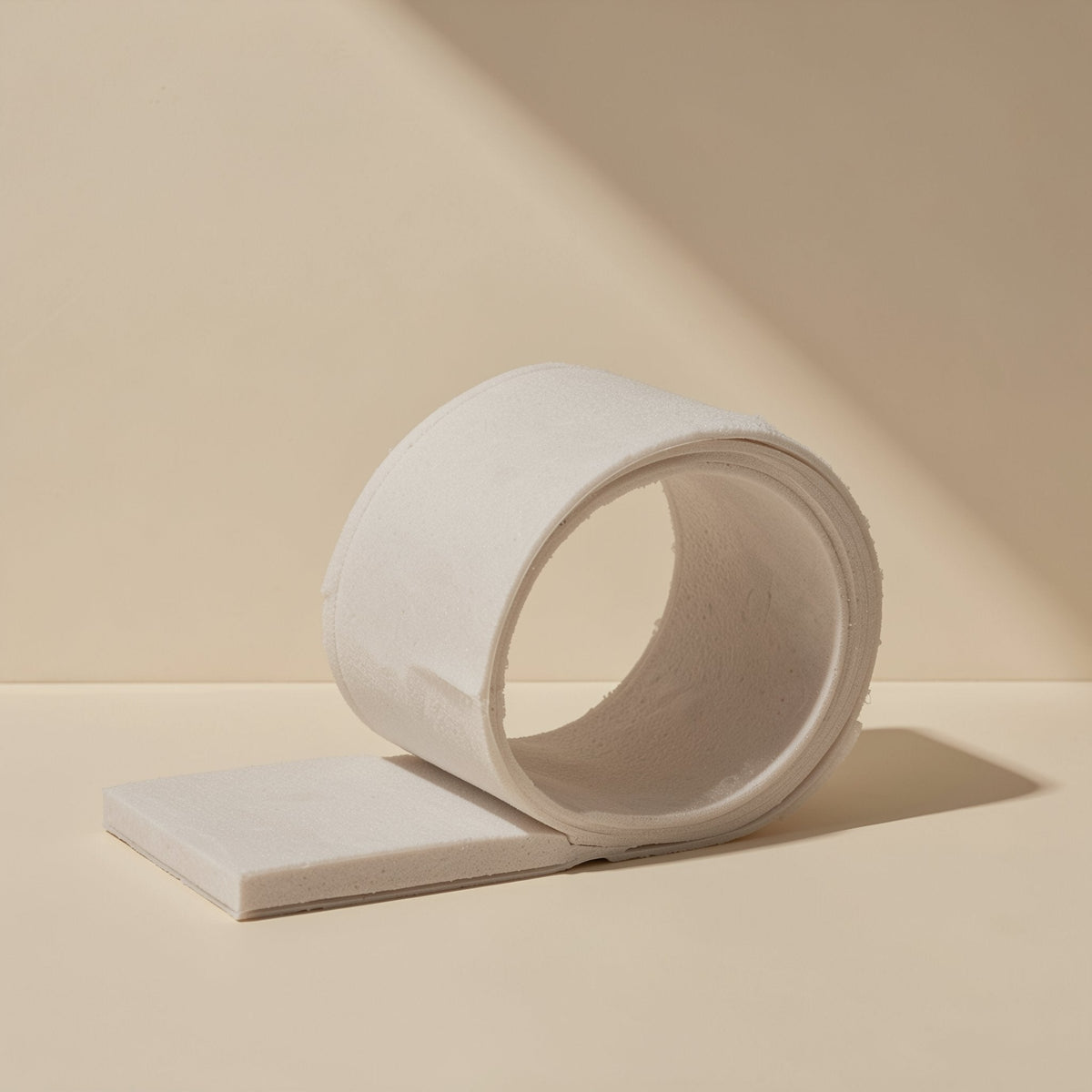 Wrapcord – Close view of a white hook-and-loop tie roll partly unrolled, with a flat strip lying on a beige surface