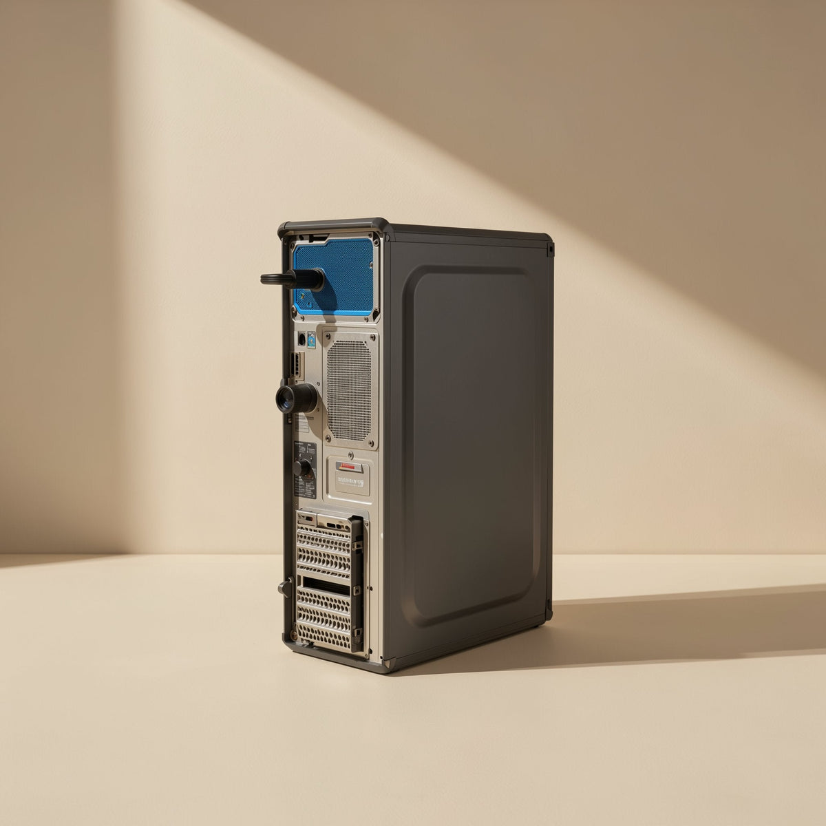 Wrapcord – Rear of a black computer tower with cables plugged into its ports, shown against a cream wall